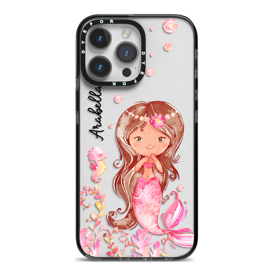 Personalised Pink Mermaid iPhone 14 Pro Max Black Impact Case on Silver phone