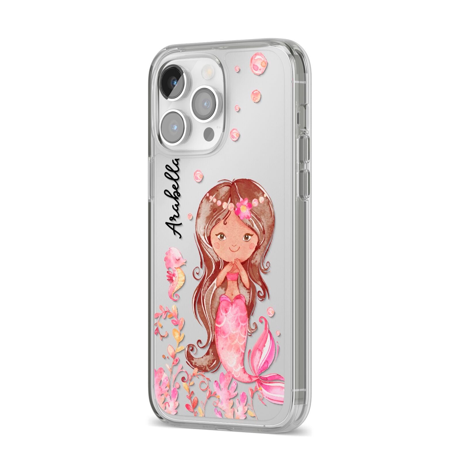 Personalised Pink Mermaid iPhone 14 Pro Max Clear Tough Case Silver Angled Image