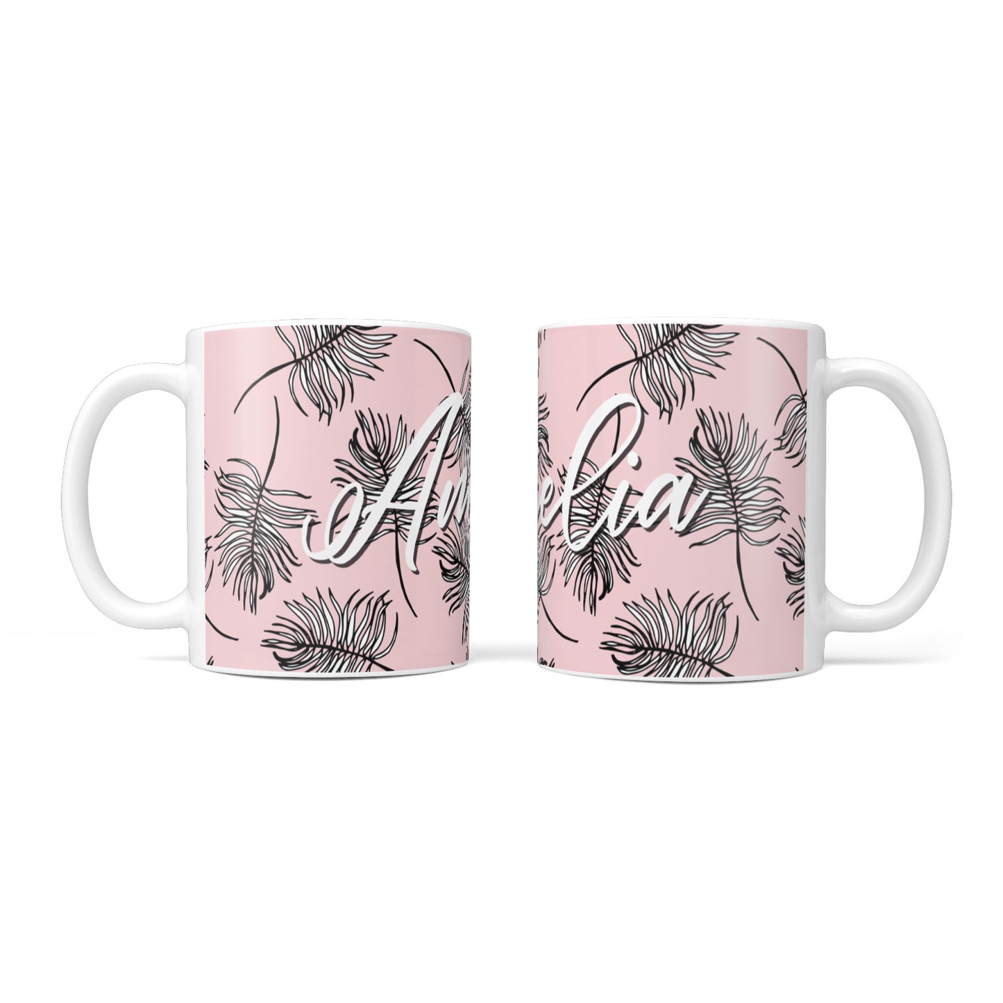 Personalised Pink Monochrome Tropical Leaf 10oz Mug Alternative Image 3