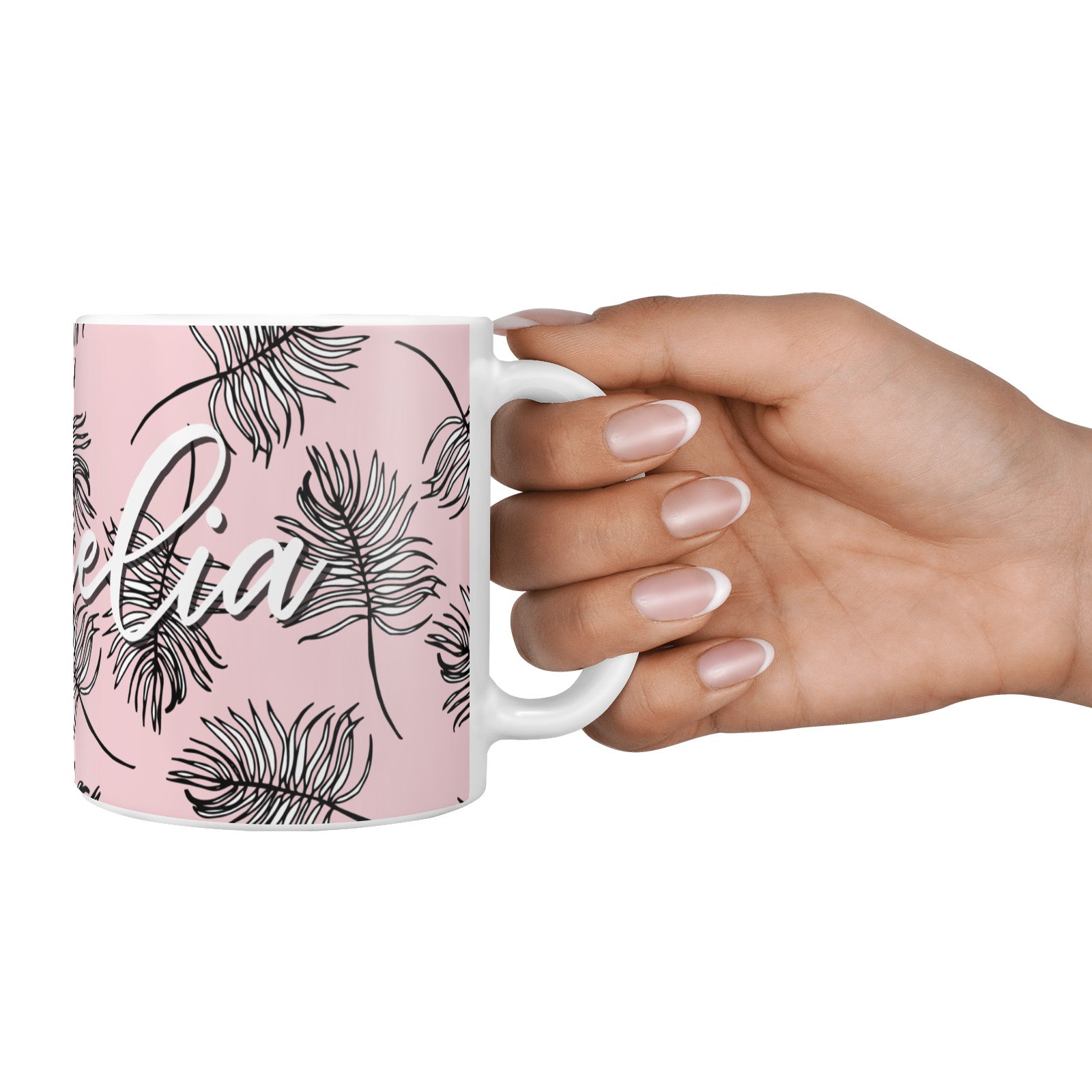 Personalised Pink Monochrome Tropical Leaf 10oz Mug Alternative Image 4