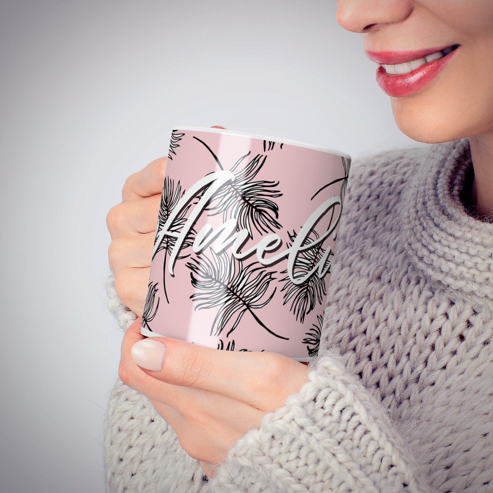 Personalised Pink Monochrome Tropical Leaf 10oz Mug Alternative Image 6