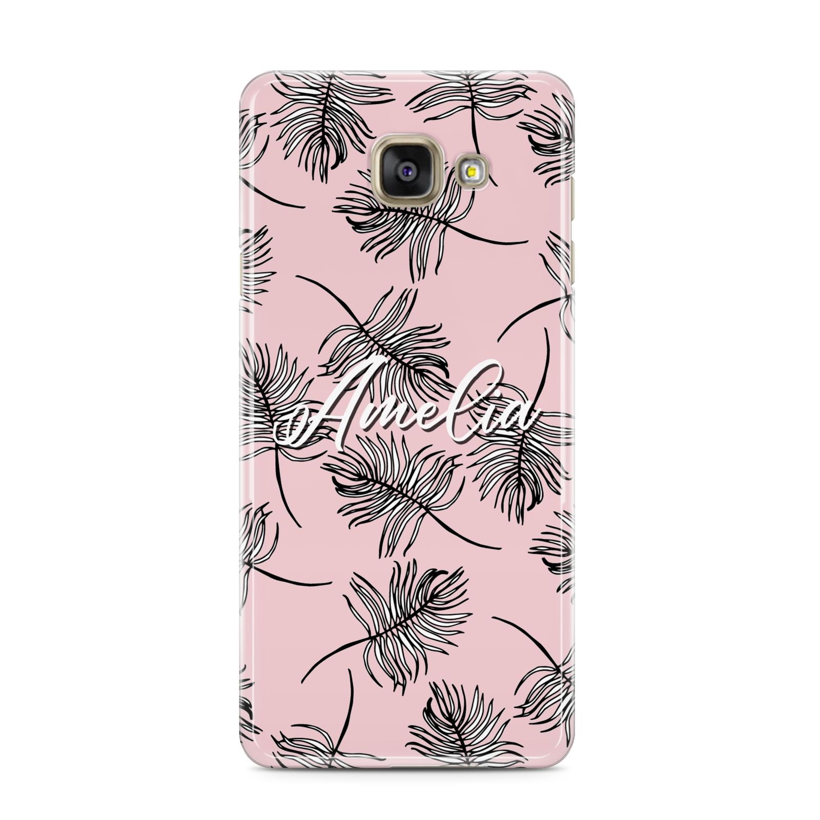 Personalised Pink Monochrome Tropical Leaf Samsung Galaxy A3 2016 Case on gold phone