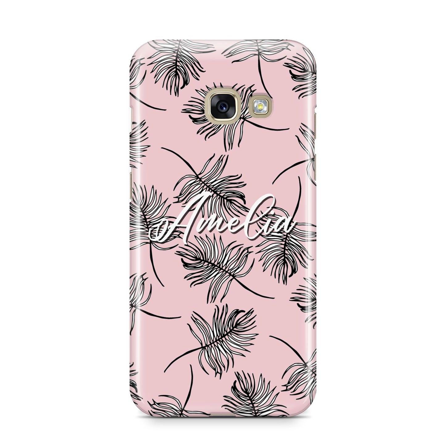 Personalised Pink Monochrome Tropical Leaf Samsung Galaxy A3 2017 Case on gold phone