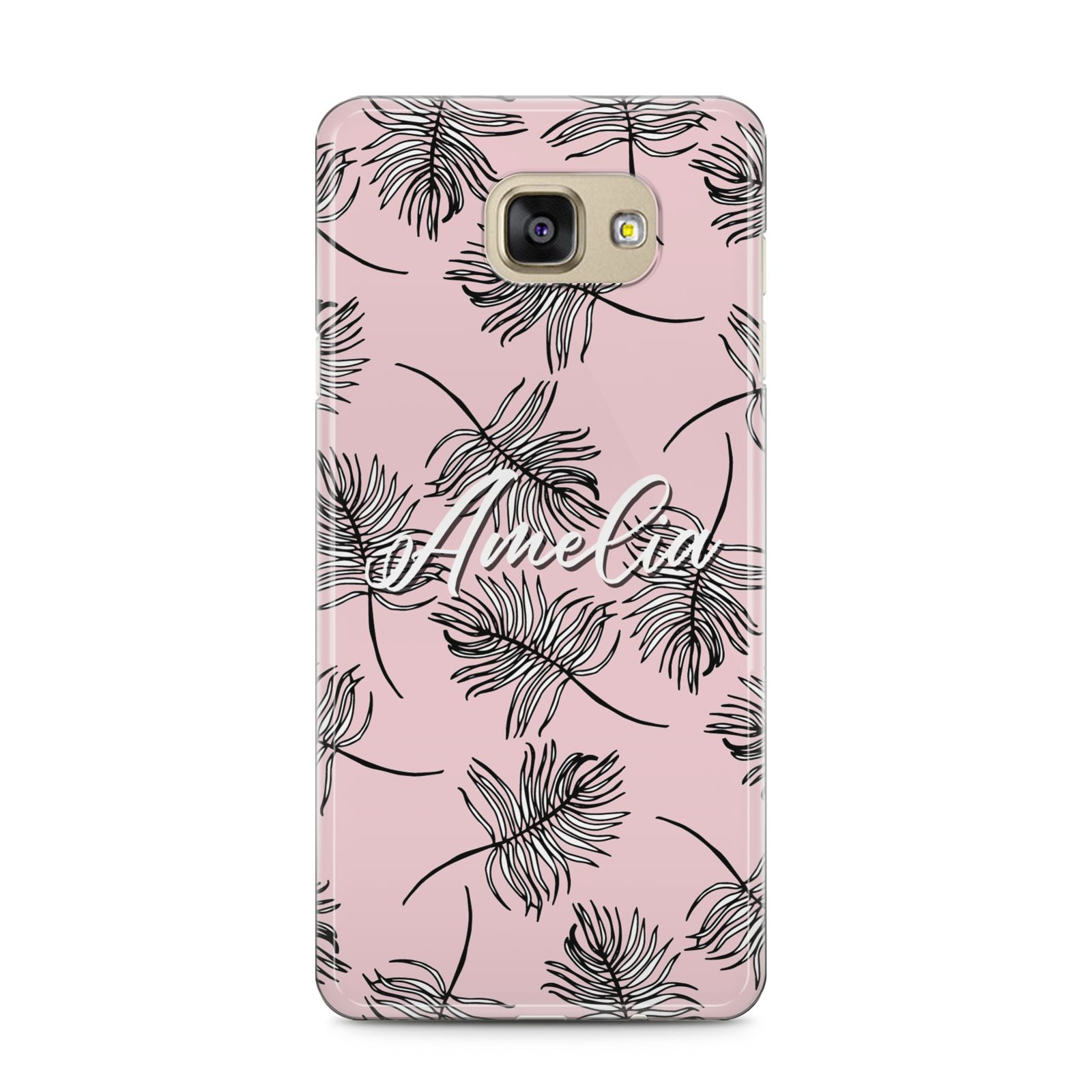 Personalised Pink Monochrome Tropical Leaf Samsung Galaxy A5 2016 Case on gold phone