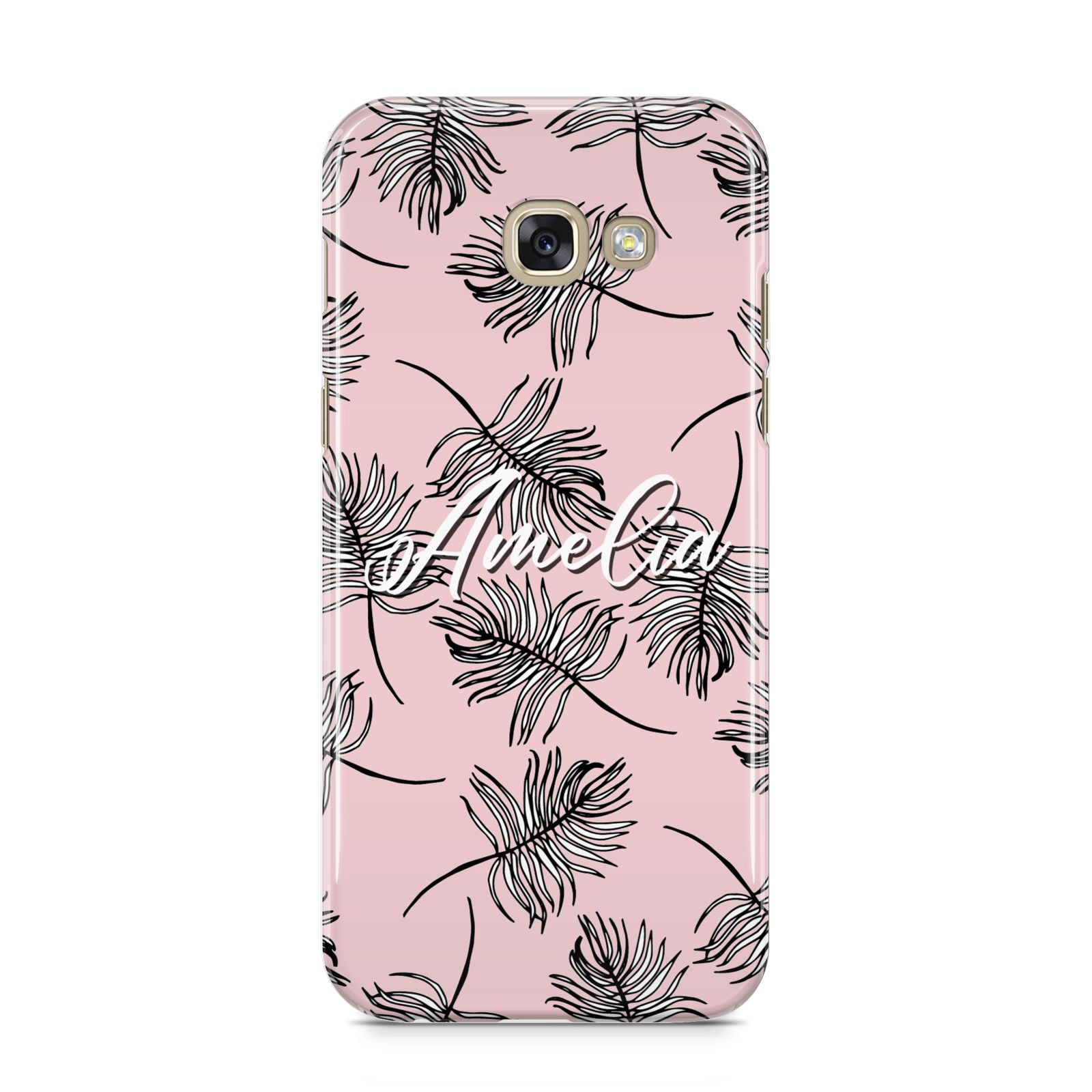 Personalised Pink Monochrome Tropical Leaf Samsung Galaxy A5 2017 Case on gold phone