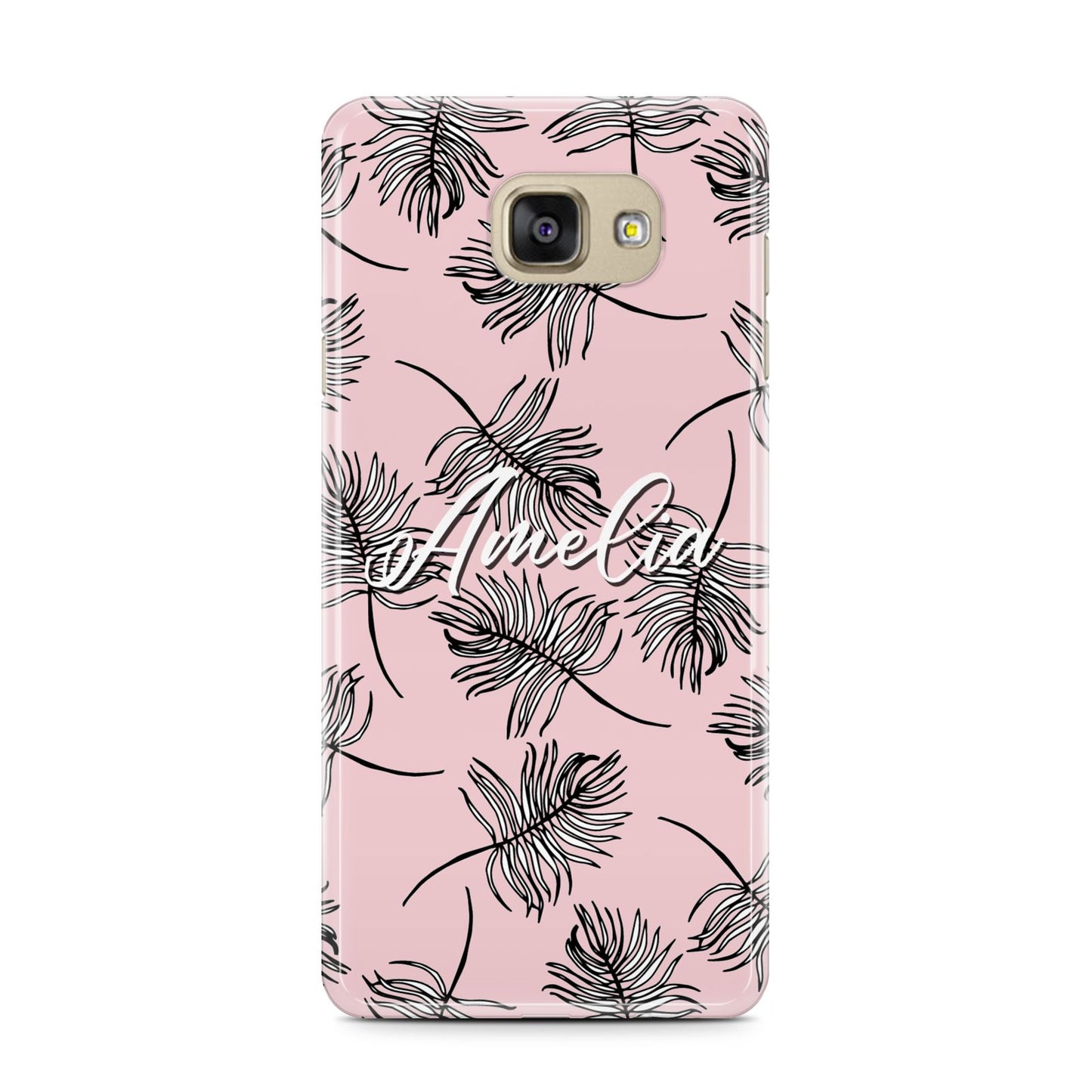 Personalised Pink Monochrome Tropical Leaf Samsung Galaxy A7 2016 Case on gold phone