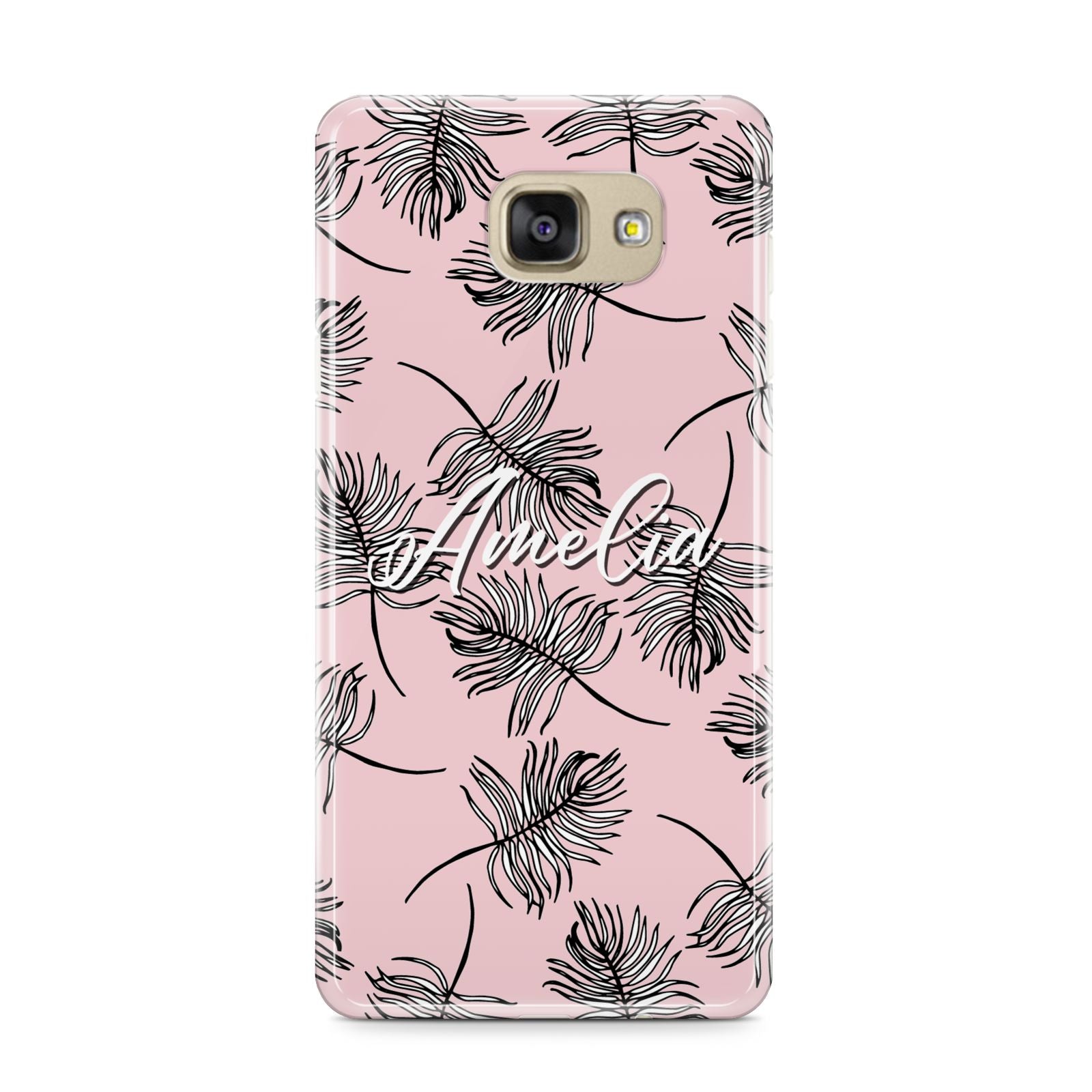 Personalised Pink Monochrome Tropical Leaf Samsung Galaxy A9 2016 Case on gold phone