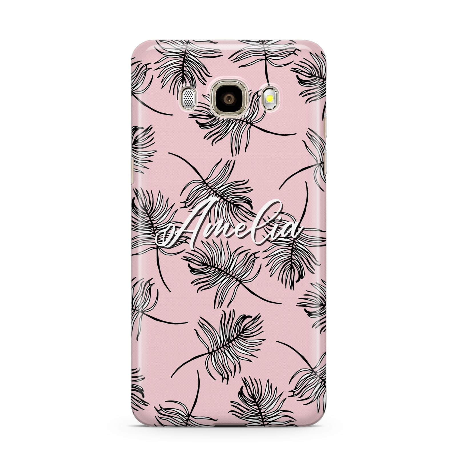Personalised Pink Monochrome Tropical Leaf Samsung Galaxy J7 2016 Case on gold phone