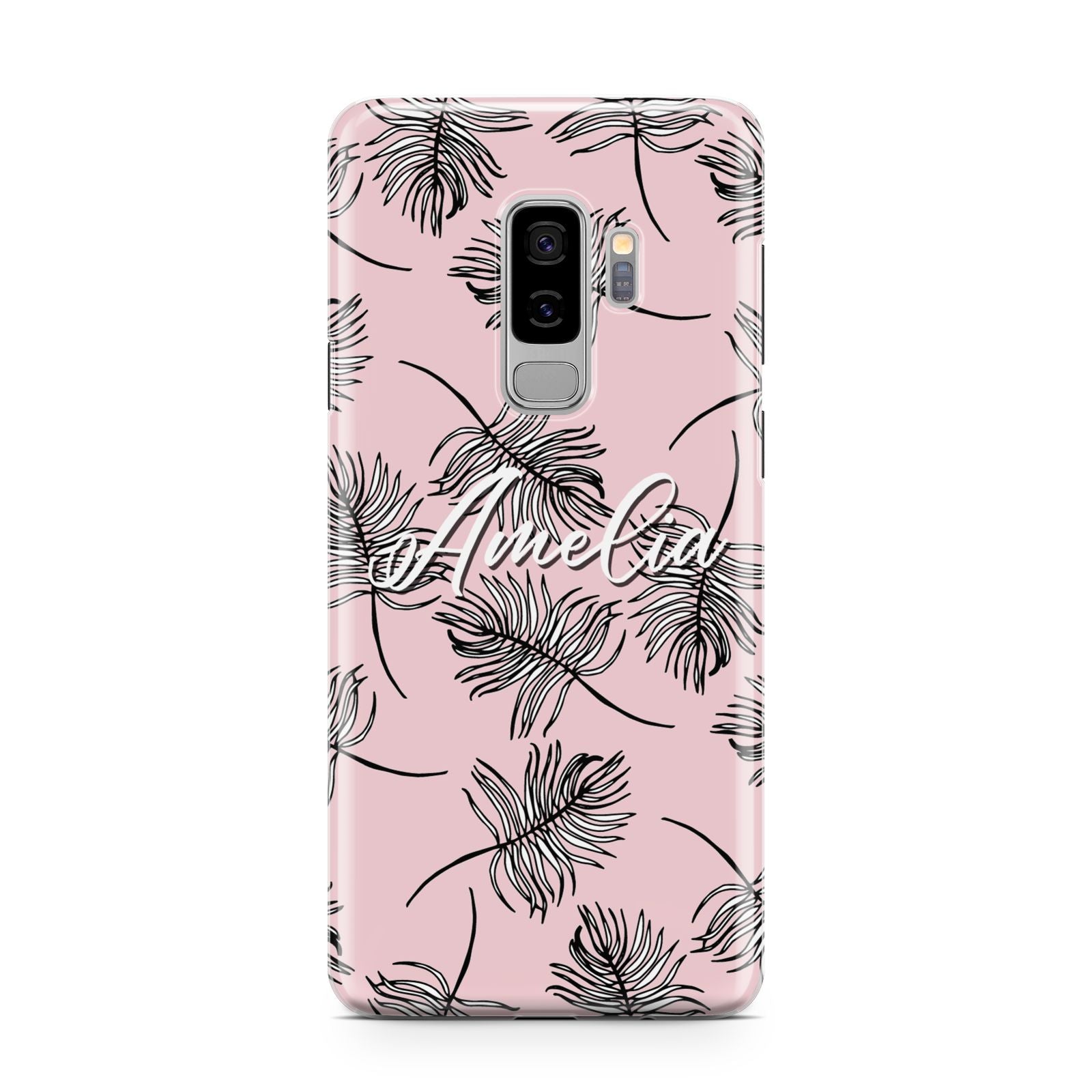 Personalised Pink Monochrome Tropical Leaf Samsung Galaxy S9 Plus Case on Silver phone