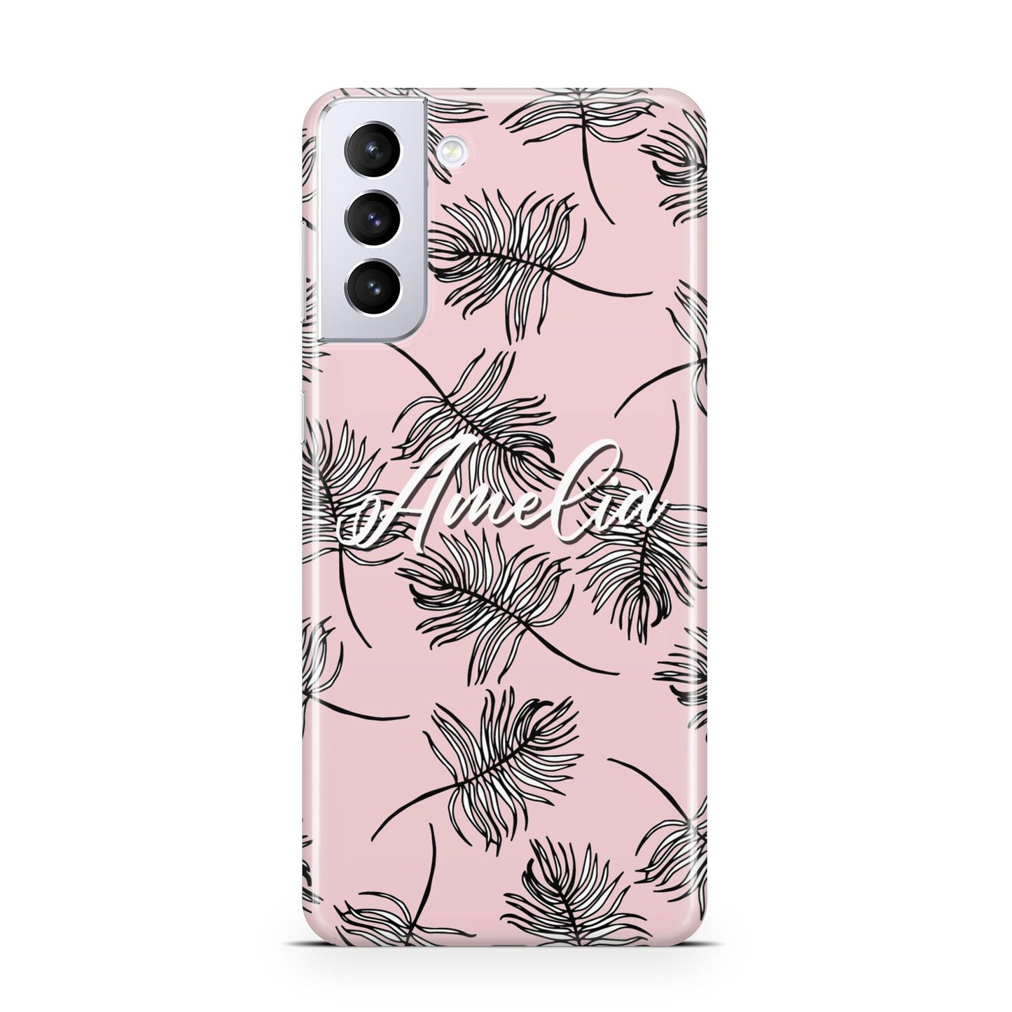 Personalised Pink Monochrome Tropical Leaf Samsung S21 Plus Phone Case