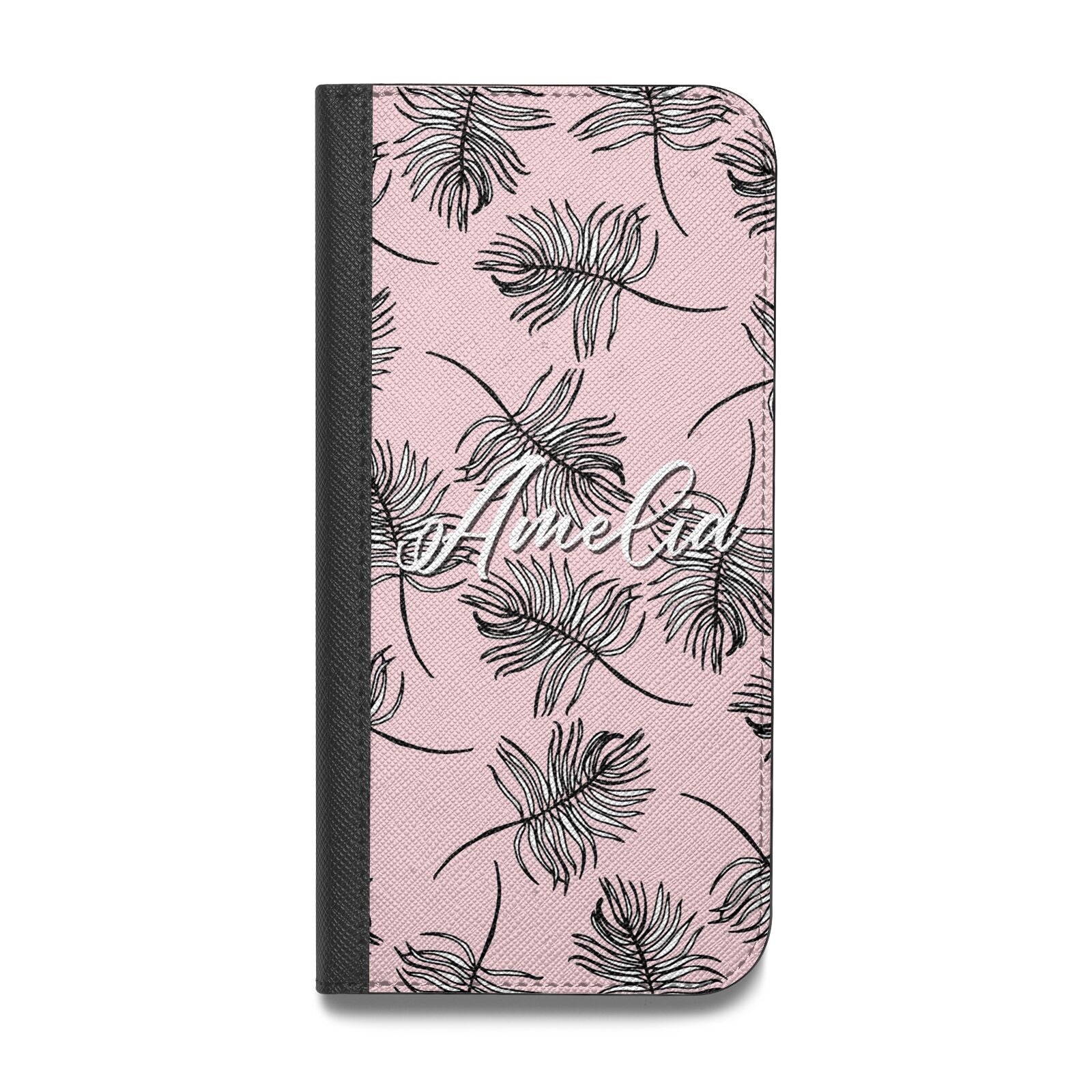 Personalised Pink Monochrome Tropical Leaf Vegan Leather Flip Samsung Case