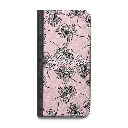 Personalised Pink Monochrome Tropical Leaf Vegan Leather Flip Samsung Case