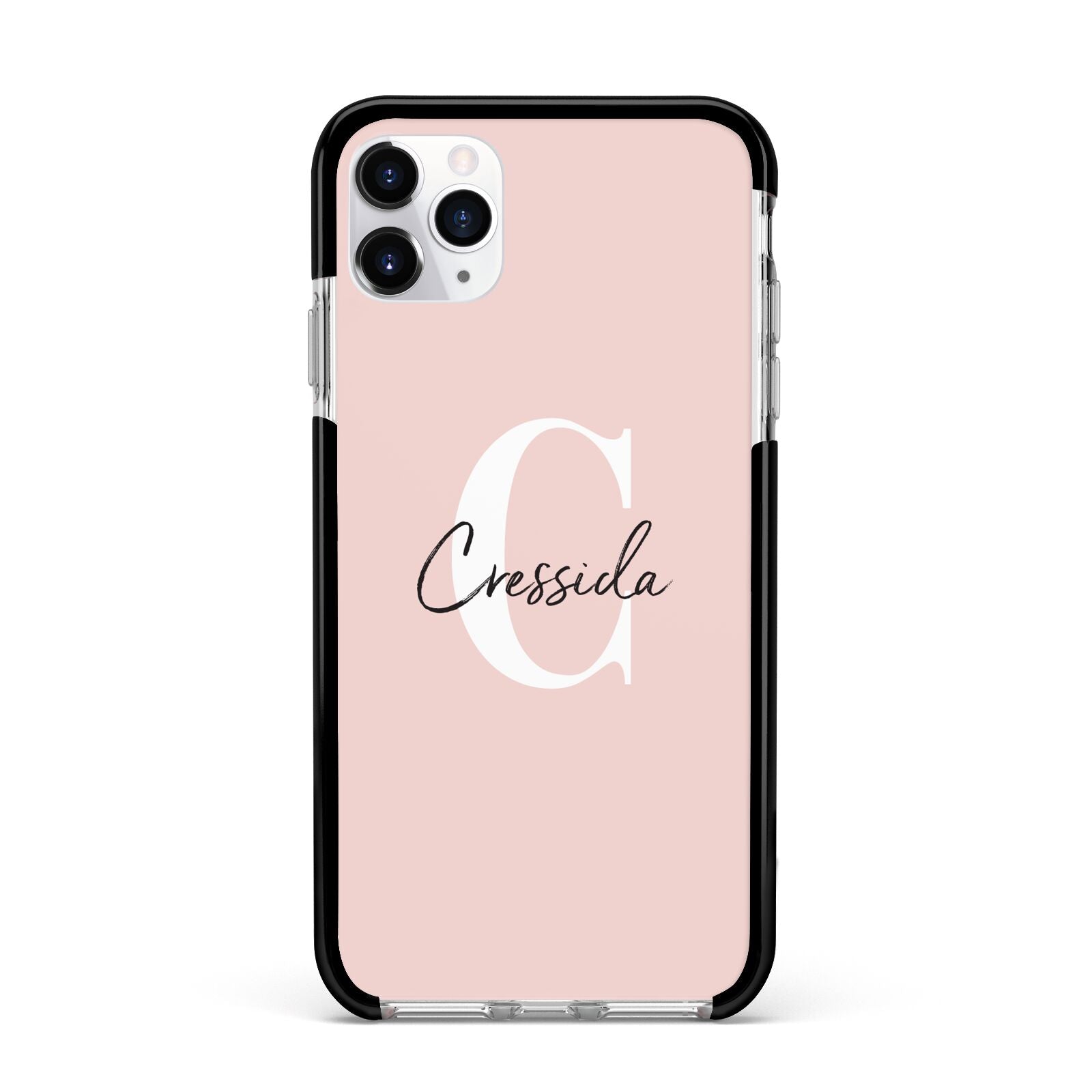 Personalised Pink Name and Initial Apple iPhone 11 Pro Max in Silver with Black Impact Case
