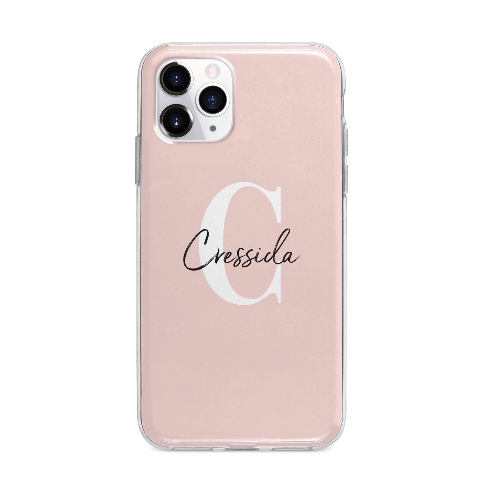 Personalised Pink Name and Initial Apple iPhone 11 Pro Max in Silver with Bumper Case
