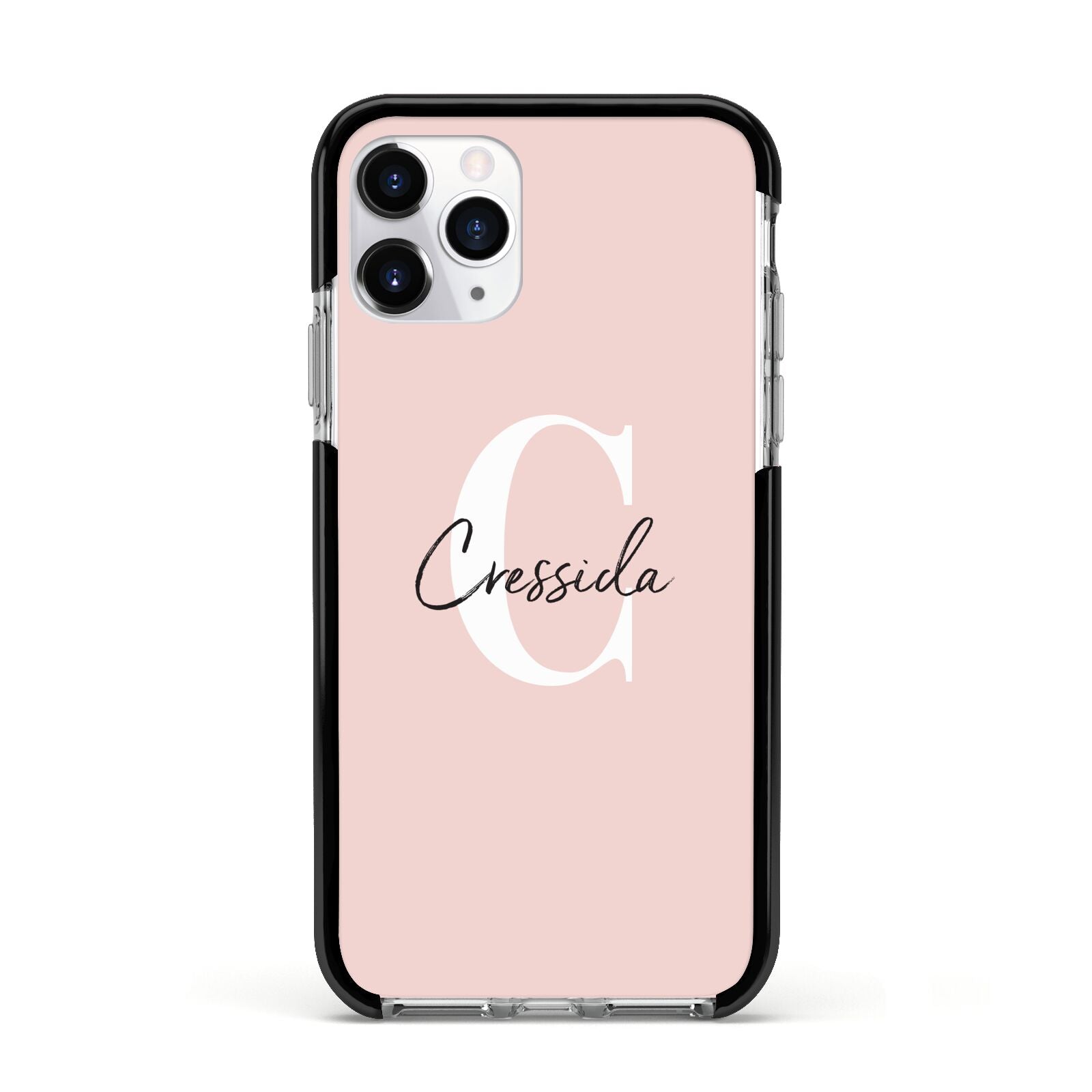 Personalised Pink Name and Initial Apple iPhone 11 Pro in Silver with Black Impact Case