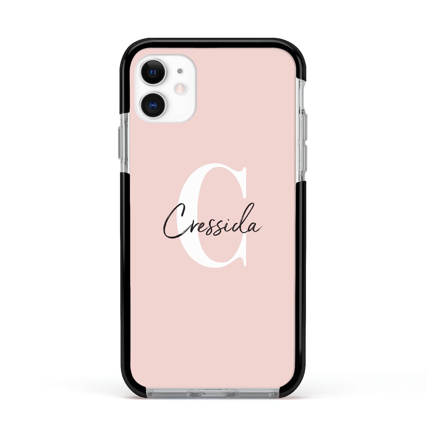 Personalised Pink Name and Initial Apple iPhone 11 in White with Black Impact Case