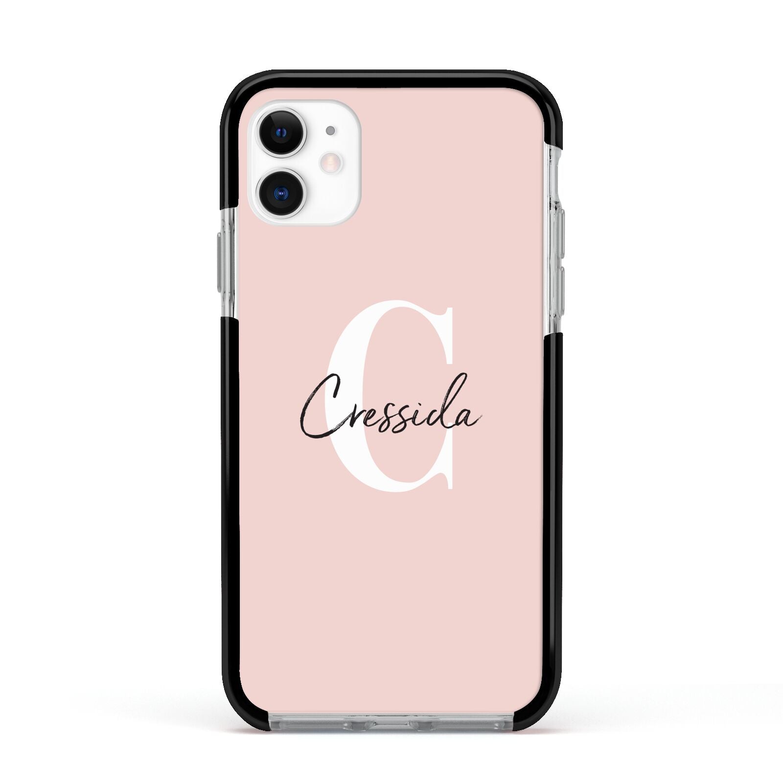 Personalised Pink Name and Initial Apple iPhone 11 in White with Black Impact Case