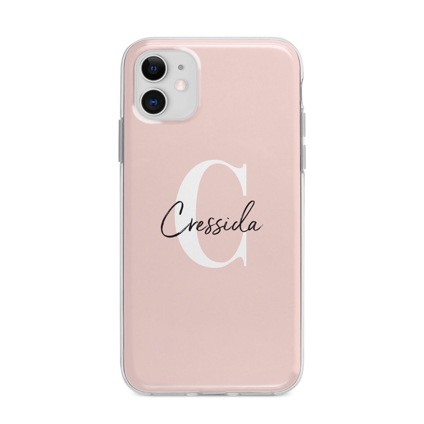 Personalised Pink Name and Initial Apple iPhone 11 in White with Bumper Case