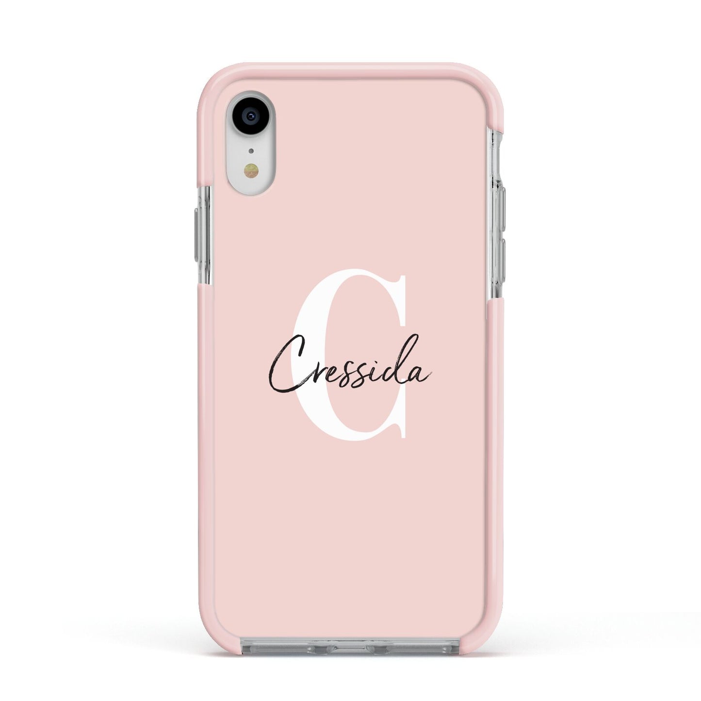 Personalised Pink Name and Initial Apple iPhone XR Impact Case Pink Edge on Silver Phone