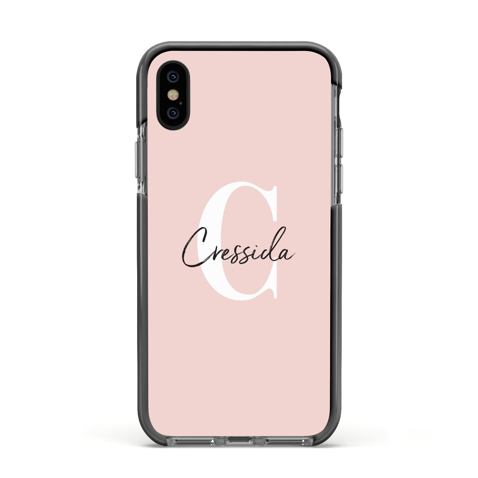 Personalised Pink Name and Initial Apple iPhone Xs Impact Case Black Edge on Black Phone