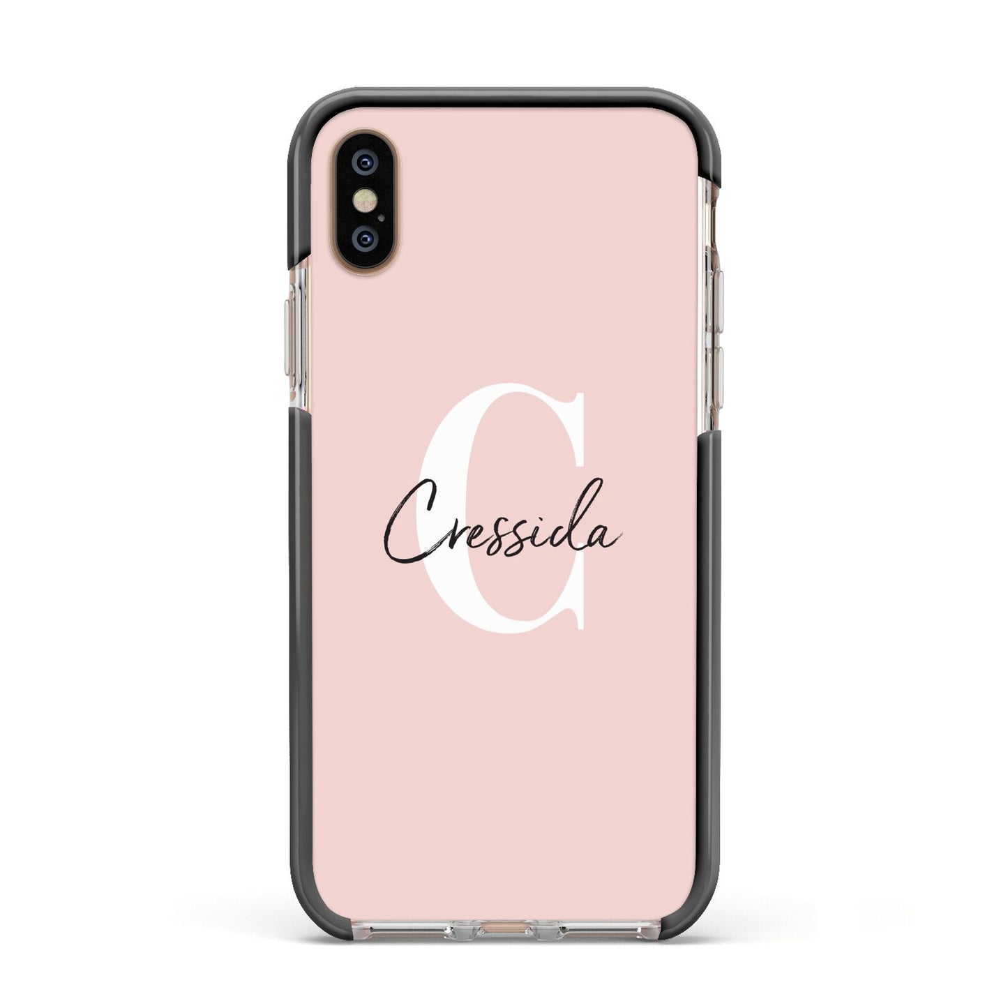 Personalised Pink Name and Initial Apple iPhone Xs Impact Case Black Edge on Gold Phone