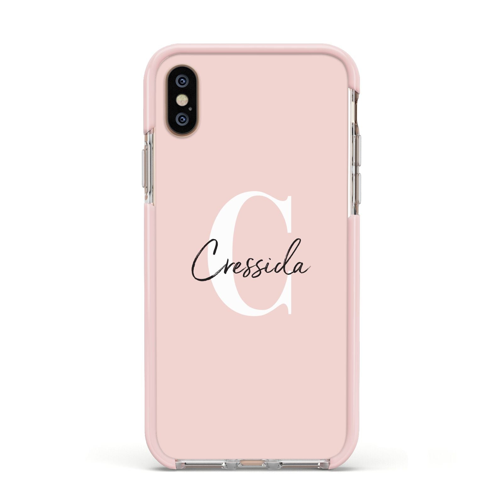 Personalised Pink Name and Initial Apple iPhone Xs Impact Case Pink Edge on Gold Phone