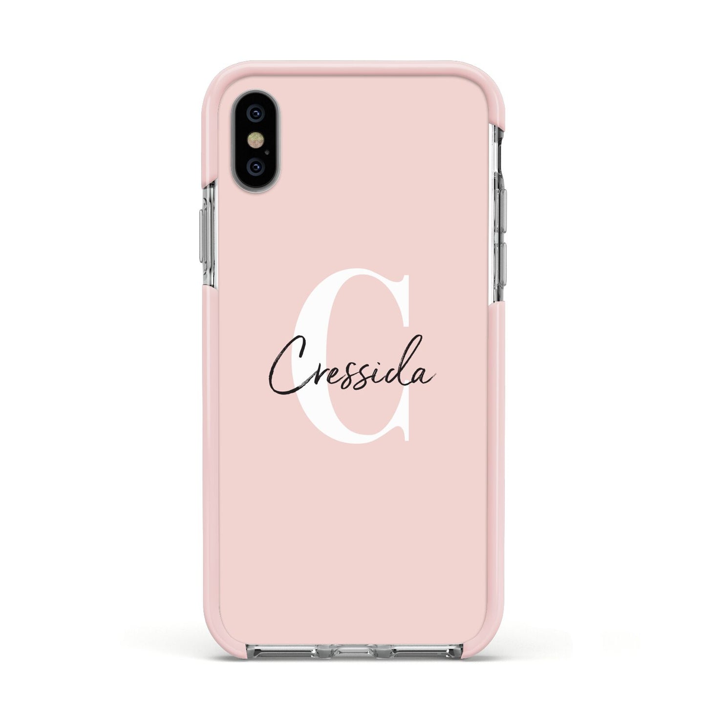Personalised Pink Name and Initial Apple iPhone Xs Impact Case Pink Edge on Silver Phone