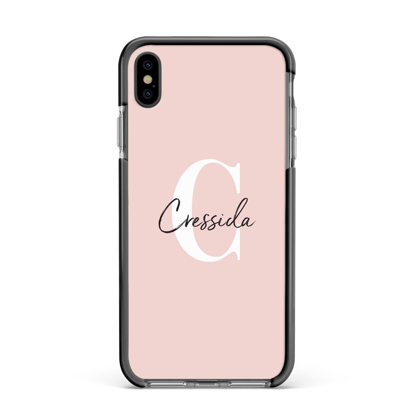 Personalised Pink Name and Initial Apple iPhone Xs Max Impact Case Black Edge on Black Phone