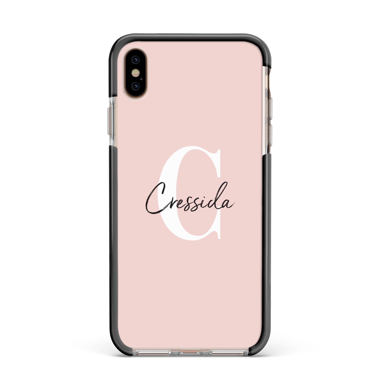Personalised Pink Name and Initial Apple iPhone Xs Max Impact Case Black Edge on Gold Phone