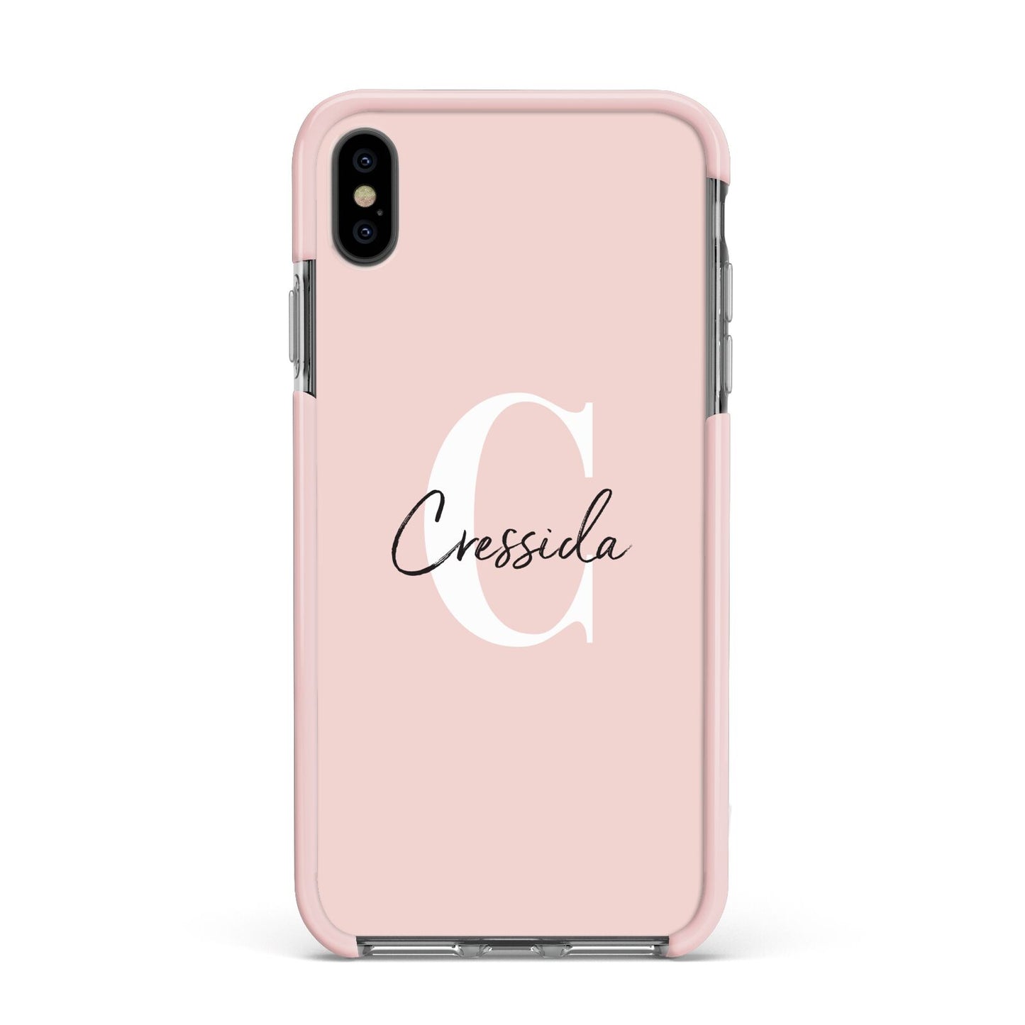 Personalised Pink Name and Initial Apple iPhone Xs Max Impact Case Pink Edge on Black Phone