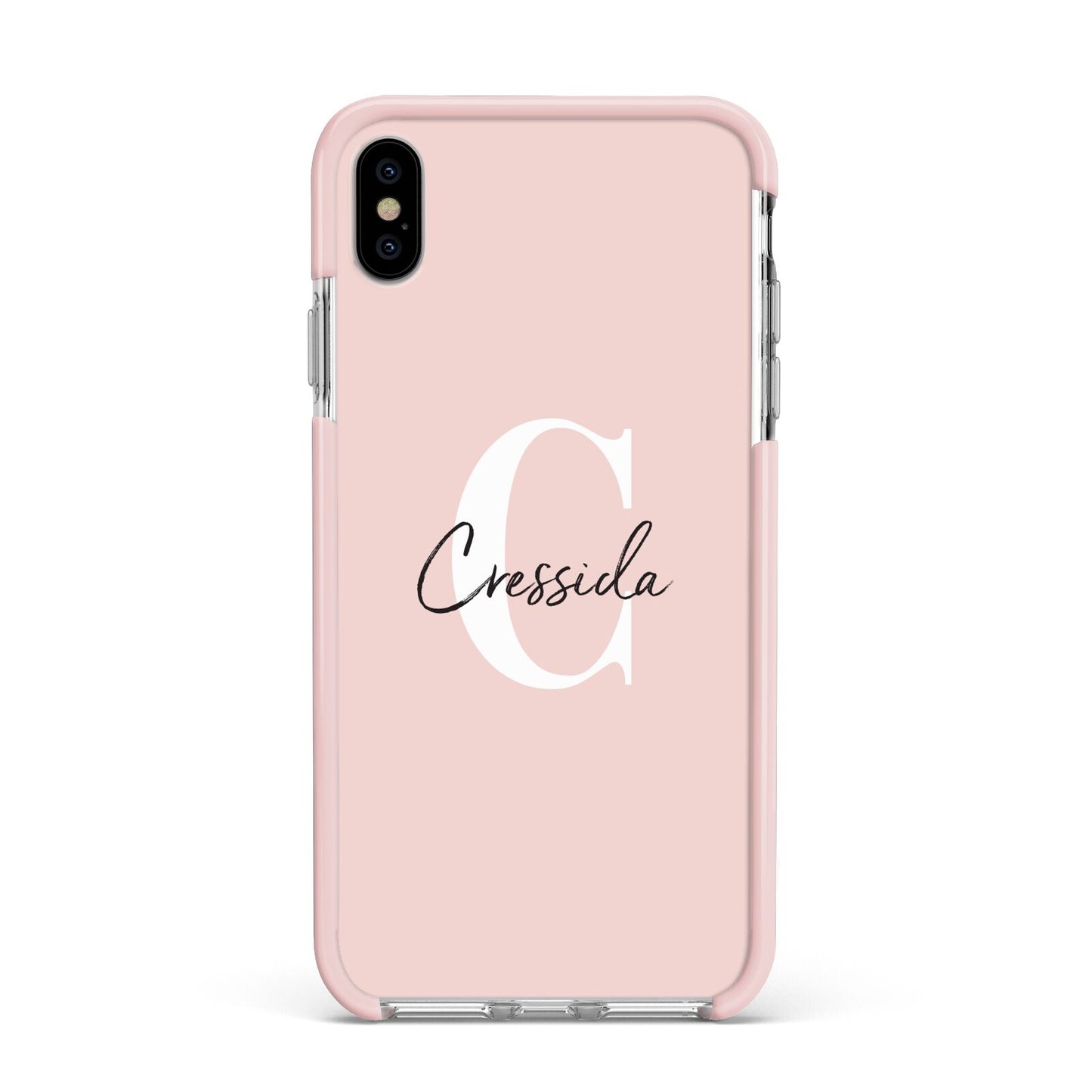 Personalised Pink Name and Initial Apple iPhone Xs Max Impact Case Pink Edge on Silver Phone