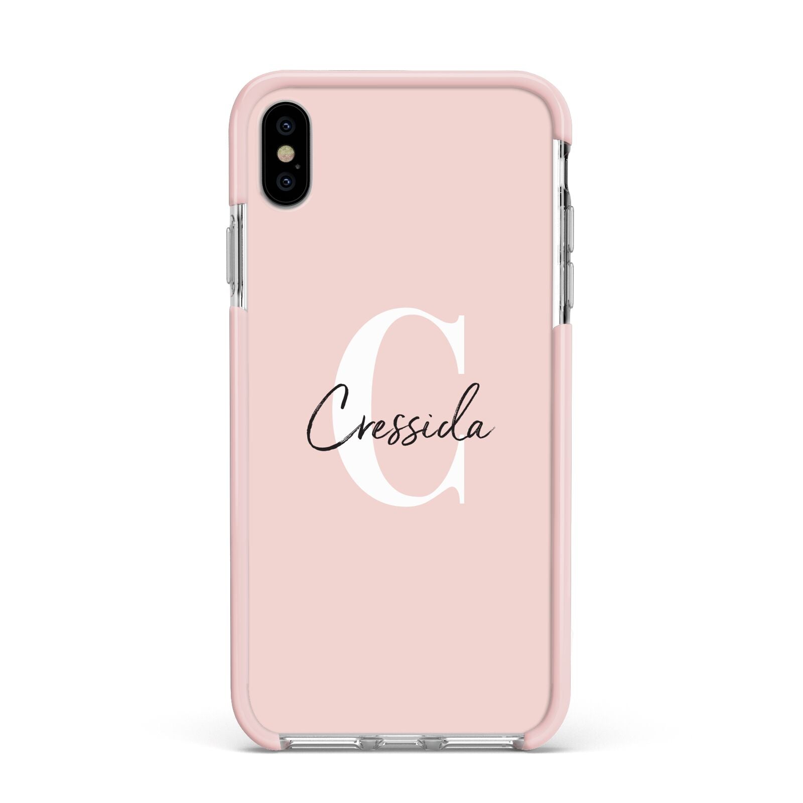Personalised Pink Name and Initial Apple iPhone Xs Max Impact Case Pink Edge on Silver Phone