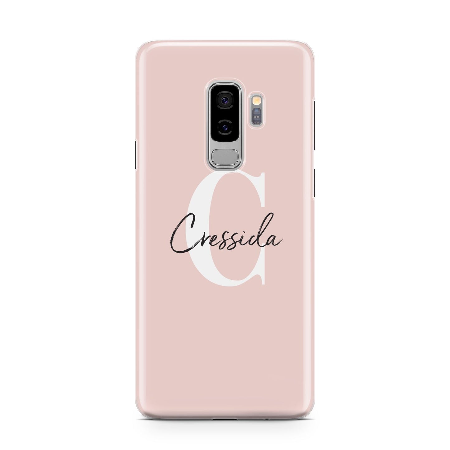 Personalised Pink Name and Initial Samsung Galaxy S9 Plus Case on Silver phone