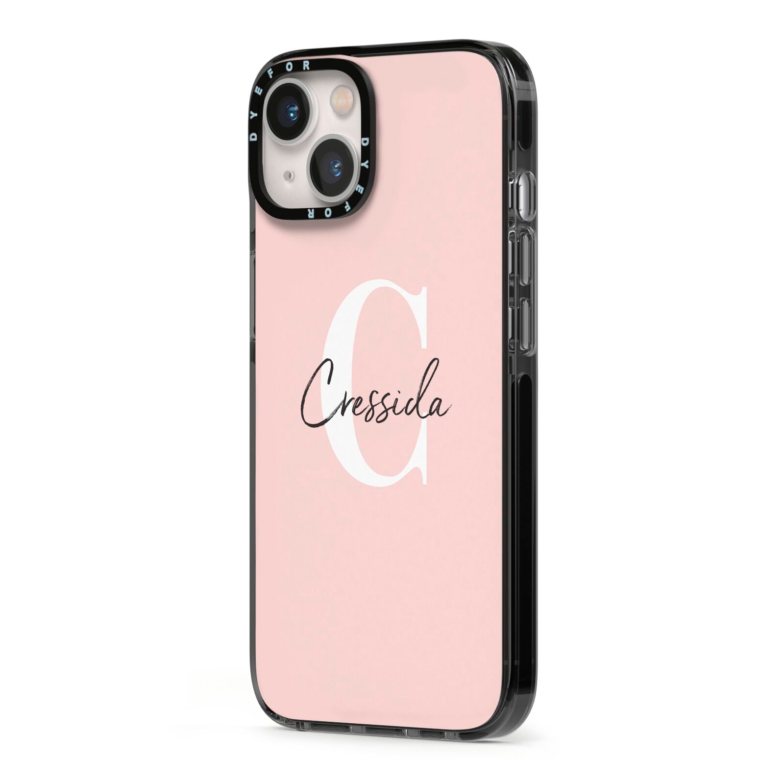 Personalised Pink Name and Initial iPhone 13 Black Impact Case Side Angle on Silver phone