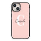 Personalised Pink Name and Initial iPhone 13 Black Impact Case on Silver phone