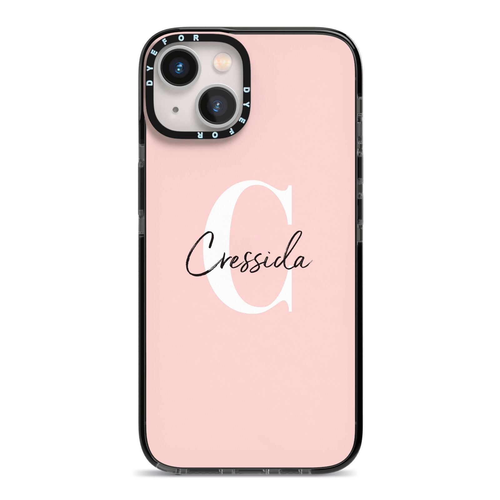 Personalised Pink Name and Initial iPhone 13 Black Impact Case on Silver phone
