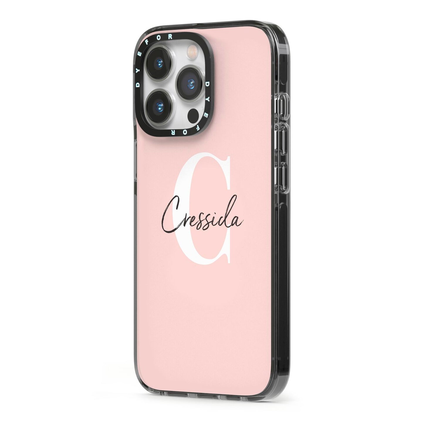 Personalised Pink Name and Initial iPhone 13 Pro Black Impact Case Side Angle on Silver phone