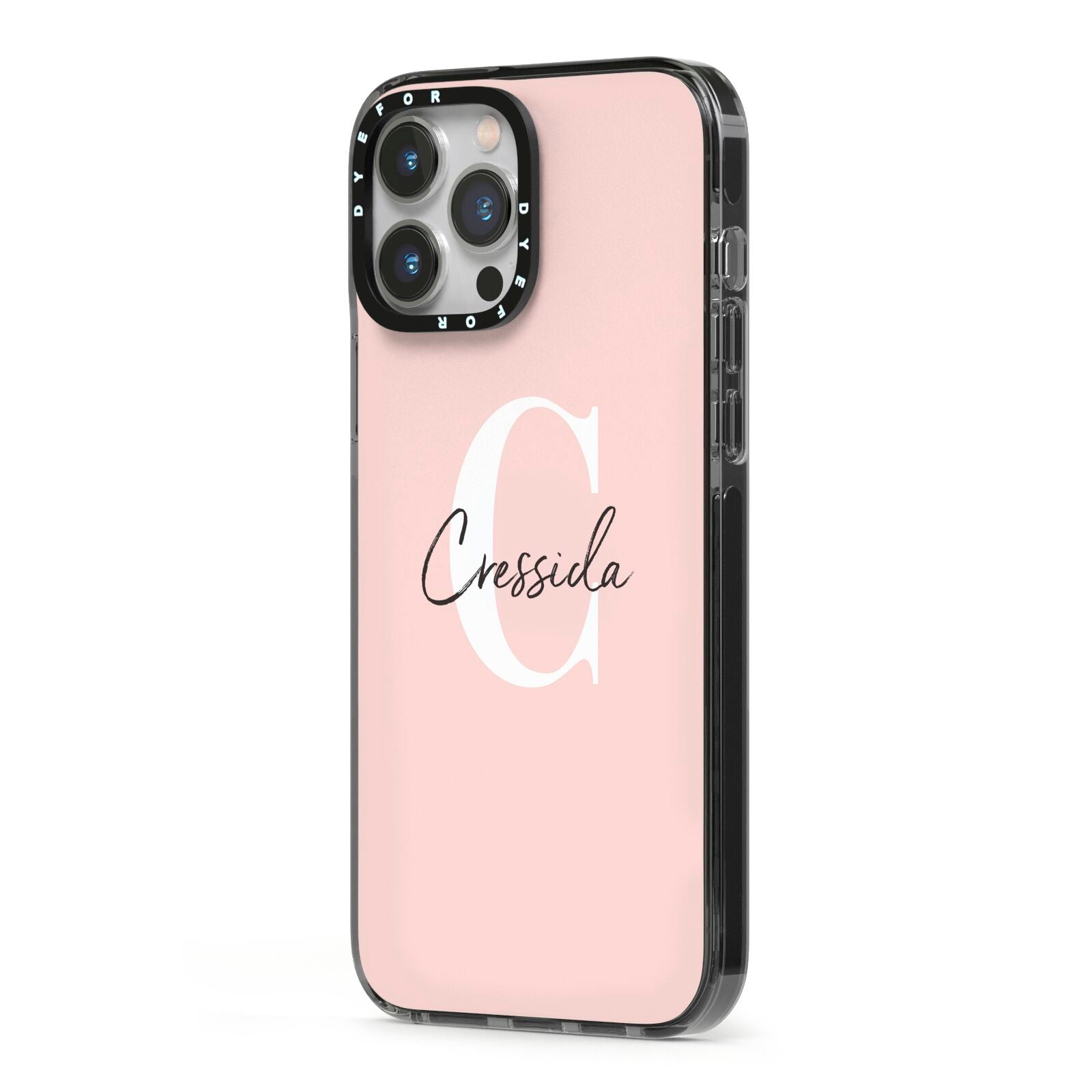 Personalised Pink Name and Initial iPhone 13 Pro Max Black Impact Case Side Angle on Silver phone