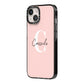 Personalised Pink Name and Initial iPhone 14 Black Impact Case Side Angle on Silver phone