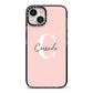 Personalised Pink Name and Initial iPhone 14 Black Impact Case on Silver phone