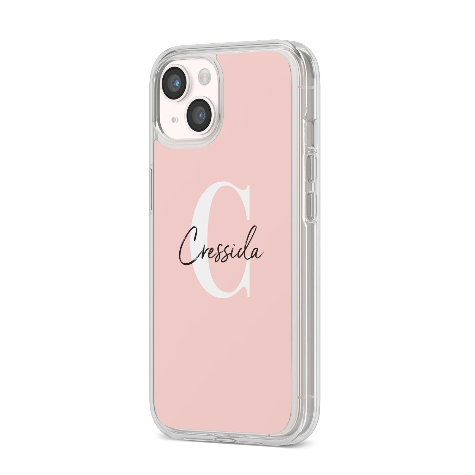 Personalised Pink Name and Initial iPhone 14 Clear Tough Case Starlight Angled Image