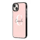 Personalised Pink Name and Initial iPhone 14 Plus Black Impact Case Side Angle on Silver phone
