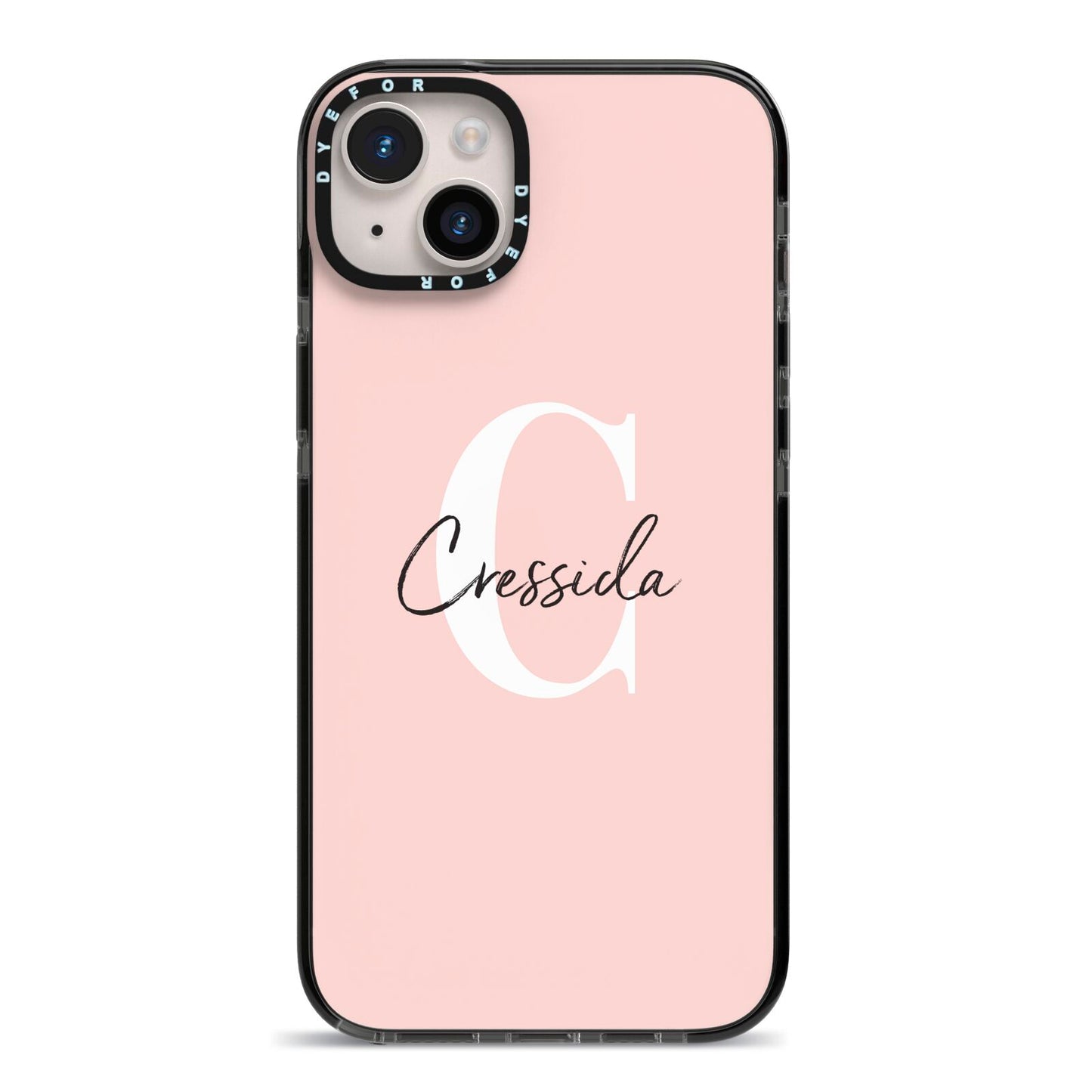 Personalised Pink Name and Initial iPhone 14 Plus Black Impact Case on Silver phone