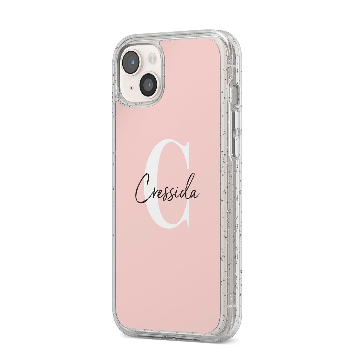 Personalised Pink Name and Initial iPhone 14 Plus Glitter Tough Case Starlight Angled Image