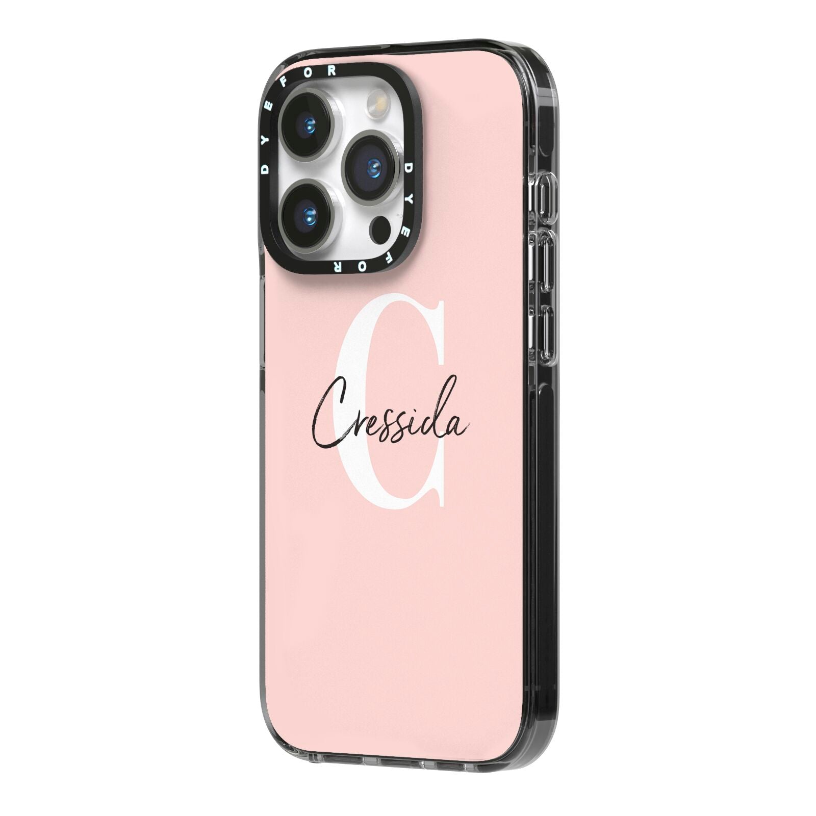 Personalised Pink Name and Initial iPhone 14 Pro Black Impact Case Side Angle on Silver phone