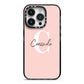 Personalised Pink Name and Initial iPhone 14 Pro Black Impact Case on Silver phone