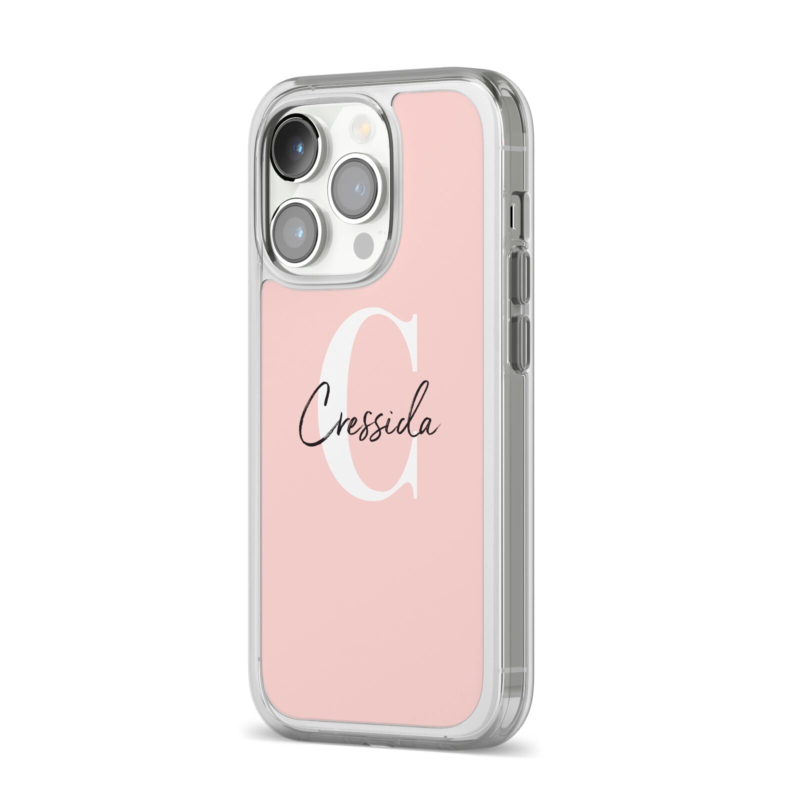 Personalised Pink Name and Initial iPhone 14 Pro Clear Tough Case Silver Angled Image