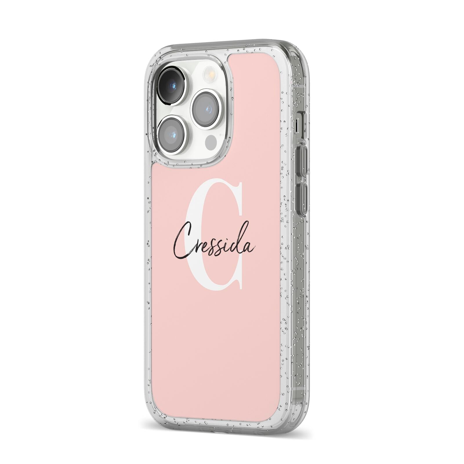 Personalised Pink Name and Initial iPhone 14 Pro Glitter Tough Case Silver Angled Image