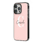Personalised Pink Name and Initial iPhone 14 Pro Max Black Impact Case Side Angle on Silver phone