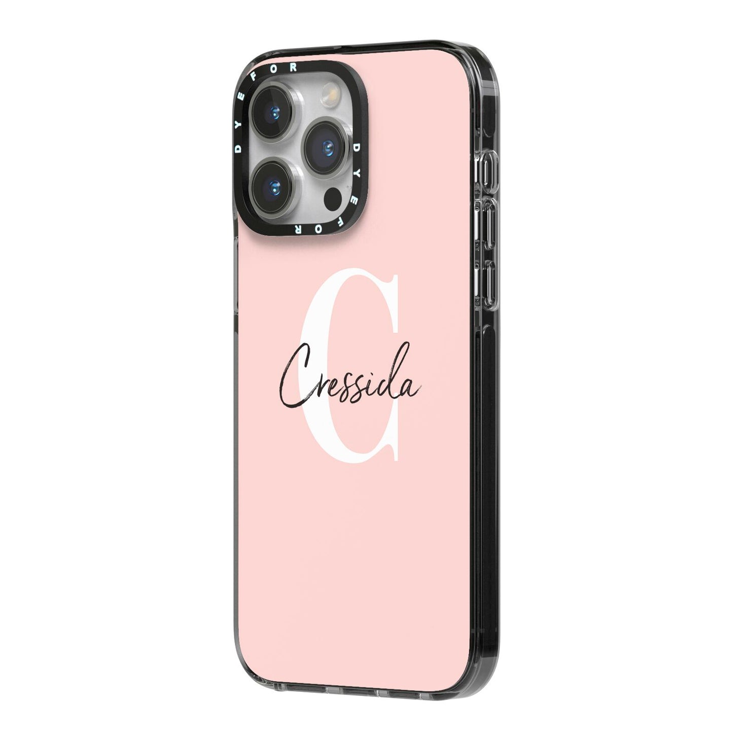 Personalised Pink Name and Initial iPhone 14 Pro Max Black Impact Case Side Angle on Silver phone